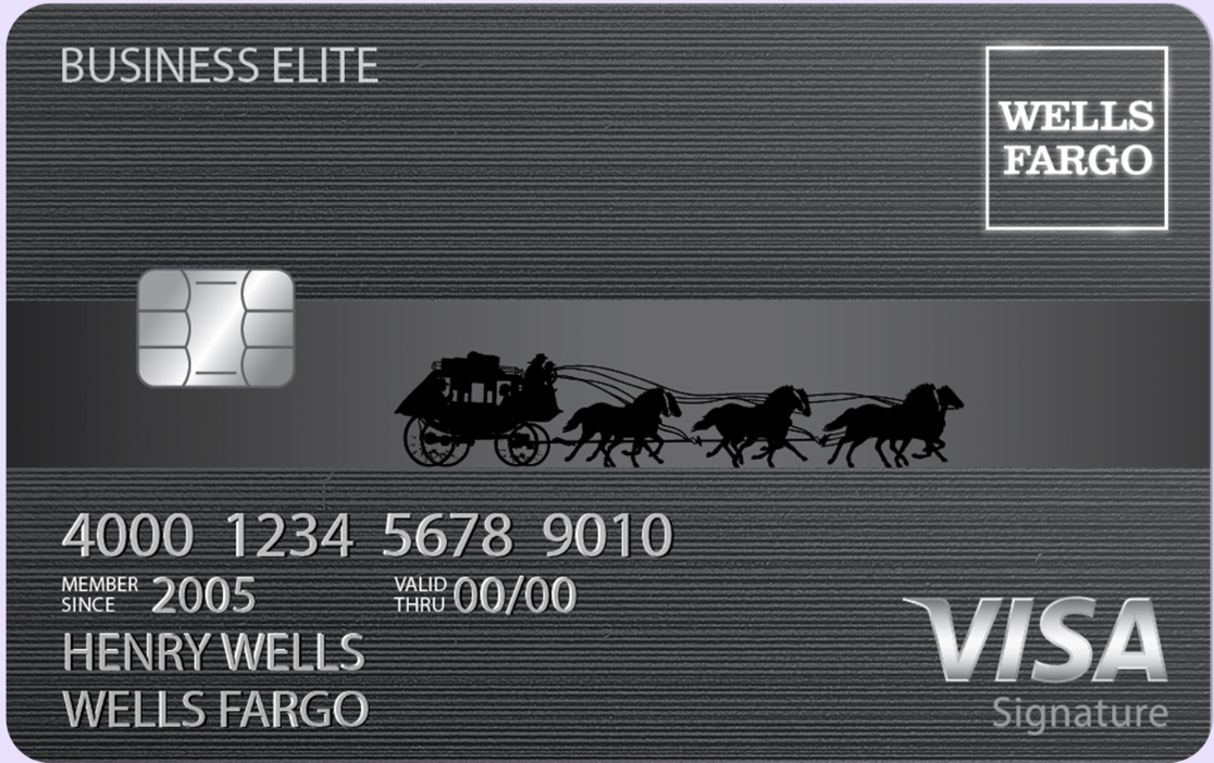 Imagen de la tarjeta de crédito de Wells Fargo, Business Elite Signature. La tarjeta se presenta en tonos de gris con una banda plateada en el centro, horizontalmente. La banda plateada muestra un elegante carruaje antiguo llevado por caballos, que refleja un sentido de tradición y prestigio.