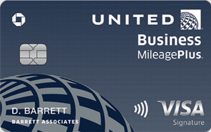 Imagen de la tarjeta United℠ Business Card en colaboración con Chase Bank. La imagen muestra la tarjeta en primer plano, resaltando su diseño distintivo y los logotipos de United Airlines y Chase Bank.